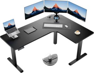 HUANUO 63″ Dual Motor L-Shaped Standing Desk, Built-in Power Outlets, Electric Height Adjustable Corner Computer Desk, Large Power Strip Holder, Sit Stand Up Desk with 3 Preset Heights, Black