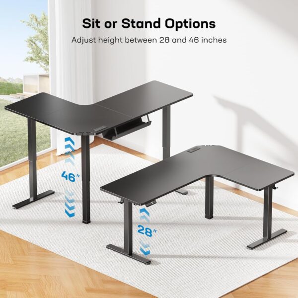 HUANUO 63″ Dual Motor L-Shaped Standing Desk, Built-in Power Outlets, Electric Height Adjustable Corner Computer Desk, Large Power Strip Holder, Sit Stand Up Desk with 3 Preset Heights, Black