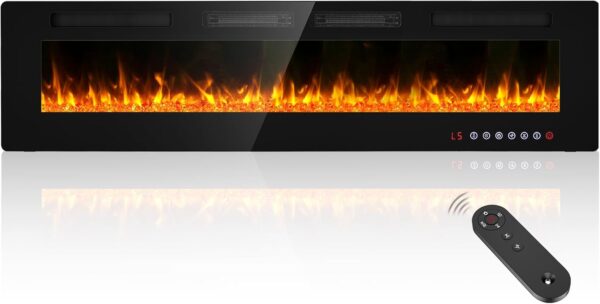 BREEZEHEAT 72inch Electric Fireplace Recessed Wall Mounted-Ultra Thin Fireplace Heater for Living Room/Bedroom with 2 Heat Vents, Remote Control, Touch Screen, Adjustable Flame, 8H Timer, 750w/1500w