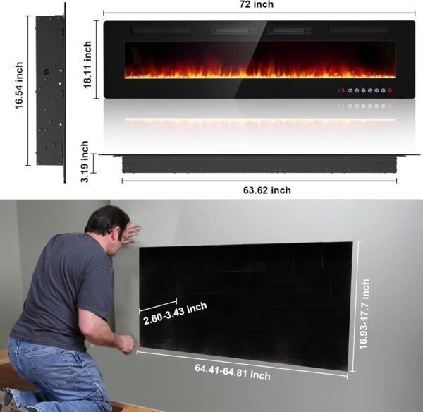 BREEZEHEAT 72inch Electric Fireplace Recessed Wall Mounted-Ultra Thin Fireplace Heater for Living Room/Bedroom with 2 Heat Vents, Remote Control, Touch Screen, Adjustable Flame, 8H Timer, 750w/1500w