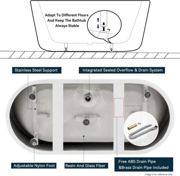FerdY 67" Bali Acrylic Freestanding Bathtub, Gracefully Shaped Freestanding Soaking Bathtub, cUPC Certified, Toe-Tap Brushed Nickel Drain and Minimalist Linear Design Overflow Included