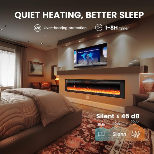 Silonn 50″ Electric Fireplace Heater with App & Remote Control, 5300 BTU Heat Output, Ultra-Slim Wall-Mounted or Recessed Electric Fireplace Inserts with Timer, 20 Flame Colors,SLELF02B-50