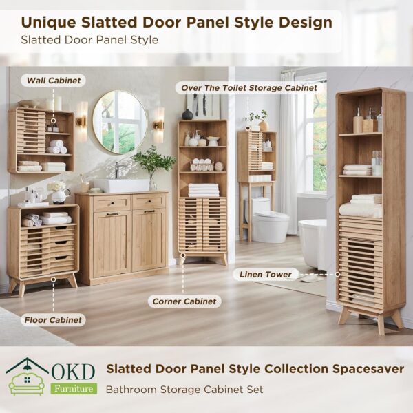 OKD 68" Over The Toilet Storage Cabinet, Mid-Century Bathroom Organizer w/Slatted Sliding Door, Adjustable Shelf, Curved Edges, Space-Saving Design for Bathroom, Kitchen, or Living Room - Natural Oak