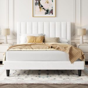 Allewie Queen Platform Bed Frame/Velvet Upholstered Bed Frame with Vertical Channel Tufted Headboard/Strong Wooden Slats/Mattress Foundation/Box Spring Optional/Easy Assembly/White