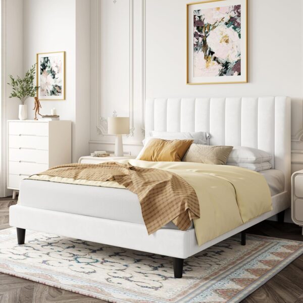 Allewie Queen Platform Bed Frame/Velvet Upholstered Bed Frame with Vertical Channel Tufted Headboard/Strong Wooden Slats/Mattress Foundation/Box Spring Optional/Easy Assembly/White