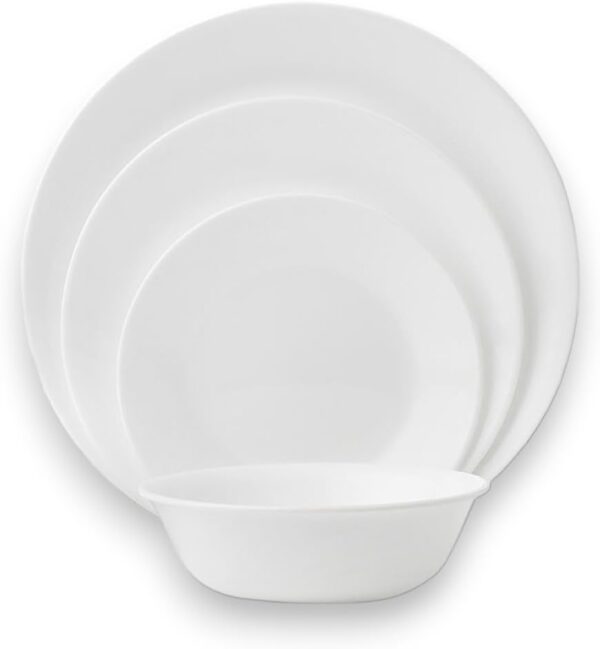 Corelle Vitrelle 18-Piece Service for 6 Dinnerware Set, Triple Layer Glass and Chip Resistant, Lightweight Round Plates and Bowls Set, Winter Frost White