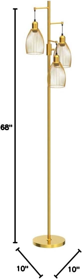 Dimmable Industrial Floor Lamps for Living Room, Gold Tree Standing Tall Lamps with 3 Elegant Teardrop Cage Head & 800 Lumens LED Bulbs for Bedroom Office