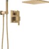 Delta Faucet Modern Raincan 2-Setting Square Shower System Including Rain Shower Head and Handheld Spray Gold, Rainfall Shower System Gold, Shower Valve and Trim Kit, Champagne Bronze 342701-CZ