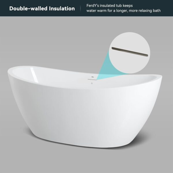 FerdY Naha 67" Freestanding Bathtub, Curve Edge Soaking Bathtub with Brushed Nickel Drain and Minimalist Linear Design Overflow, Easy to Install 588