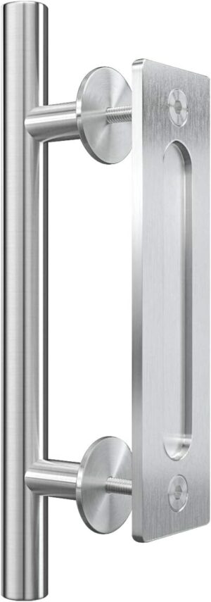 Genius Iron 12 Inch Stainless Steel Barn Door Handle, Pull and Flush Barn Door Handle Set for Glass Wood MDF Barn Door, Solid Cast Iron Modern Style Handle