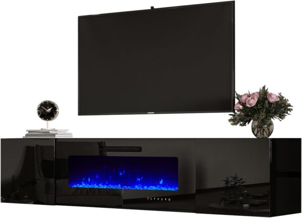 AMERLIFE Floating Fireplace TV Stand, Wall Mounted Mirrored Entertainment Center with 40" Electric Fireplace, Modern LED Lights Media Console for TVs Up to 90", Black