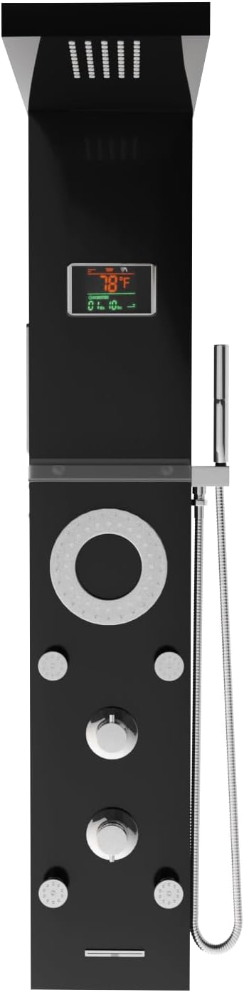 RUMOSE Matte Black Shower Panel Tower System, 5-Function Shower Faucet Set LED Light Rainfall Shower Head Digital Display with Massage Jets Tub Spout Shower Shelves, Stainless Steel, Wall Mount