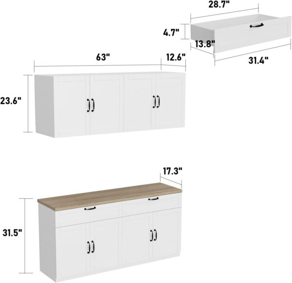 FAMAPY Wall-Mounted Kitchen Pantry Kitchen Storage Cabinet with Countertop, Pantry Cabinet with Drawers & Doors, Wall Cabinet for Kitchen White and Oak