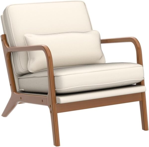 Karl home Accent Chair Mid-Century Modern Chair with Pillow Upholstered Lounge Arm Chair with Solid Wood Frame & Soft Cushion for Living Room, Bedroom, Balcony, Linen Beige (Low Back)