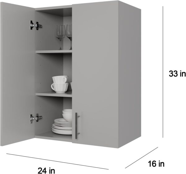 24 x 33 Inch Wall Cabinet Set of 1, Kitchen Wall Mounted Wooden Storage Cabinet, Double Door Cabinet with Soft Close, Metal Handle, Adjustable Shelf, for Kitchen, Garage, Laundry, Bathroom, Grey