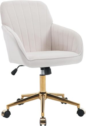 Velvet Home Office Chairs with Gold Base Upholstered Tufted Modern Height Adjustable 360 Degree Swivel Desk Chairs with Wheels, Vanity Chairs for Living Room, Bedroom,Study Room (Cream)