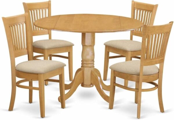 East West Furniture Dublin 5 Piece Kitchen Set Includes a Round Dining Room Table with Dropleaf and 4 Linen Fabric Upholstered Chairs, 42x42 Inch, DLVA5-OAK-C
