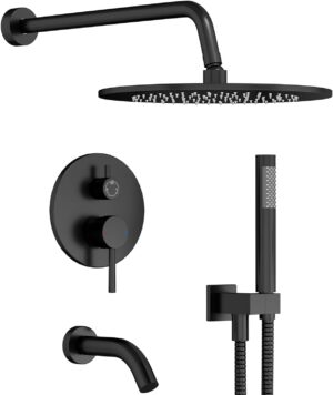Gabrylly Black Shower System with Tub Spout, Bathtub Shower Faucets Set with 3-Way Shower Valve, High Pressure 10" Rain Shower head with Handheld Spray Combo, Wall Mounted Tub Shower Kit, Matte Black