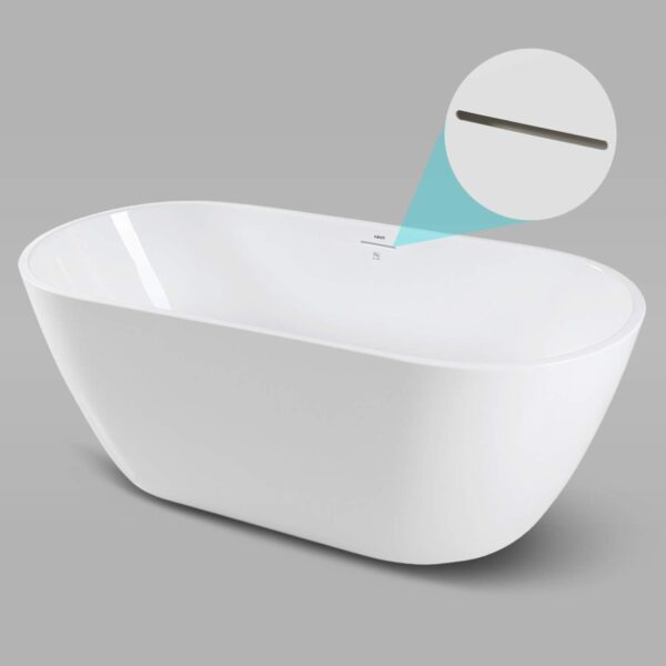 FerdY Bali 59" Acrylic Freestanding Bathtub, Gracefully Shaped Freestanding Soaking Bathtub with Brushed Nickel Drain & Minimalist Linear Design Overflow, Glossy White, cUPC Certified