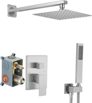 Brushed Nickel Shower System Brass Bathroom Luxury Rain Mixer Shower Combo Set Wall Mounted Rainfall Shower Head System Shower Faucet Rough-in Valve Body and Trim Included