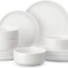 MALACASA Plates and Bowls Sets, 12 Pieces Porcelain Dinnerware Sets Dishware Sets Chip Resistant Ceramic Dish Set Dining Dinner Ware Service for 4, White, Series LUNA