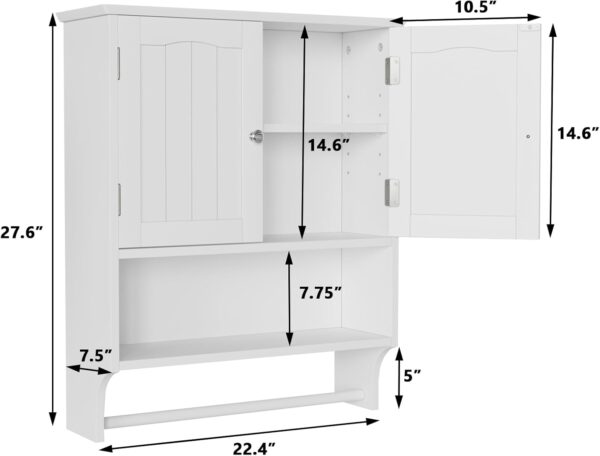 Smuxee White Bathroom Cabinet Wall Mounted with Towels Bar, Bathroom Medicine Cabinet with 2 Door Adjustable Shelves, Over Toilet Cabinet for Bathroom Laundry Room Kitchen