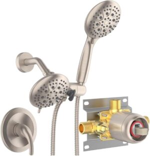 SR SUN RISE Shower System with Handheld Shower and Rain Shower Combo Set High Pressure 5-spray Dual 2 in 1 Shower Faucet Patented 3-way Diverter Brushed Nickel (Valve Include）