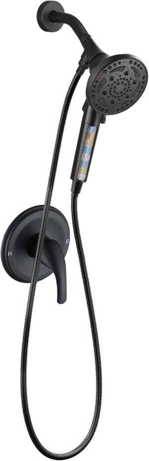 Cobbe Mattle Black Shower Faucet Set with Valve, Shower Valve with 7-Spray Filtered Black Shower Head with Handle Set, Shower System with Rain Shower and Handled, Trim Kit(Valve Included)