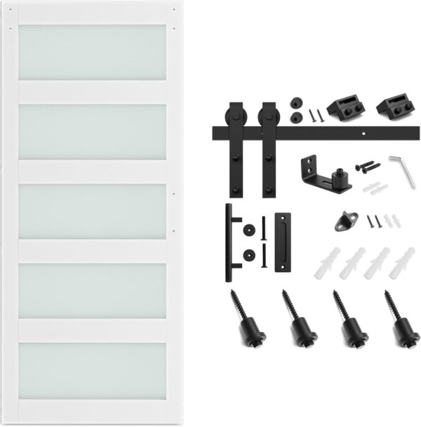 SmartStandard 32 x 84 in Glass Barn Door with 6FT Sliding Hardware Kit & Handle, Pre-Drilled Ready to Assemble, Waterproof PVC Coating, White, 5-Panel Glass