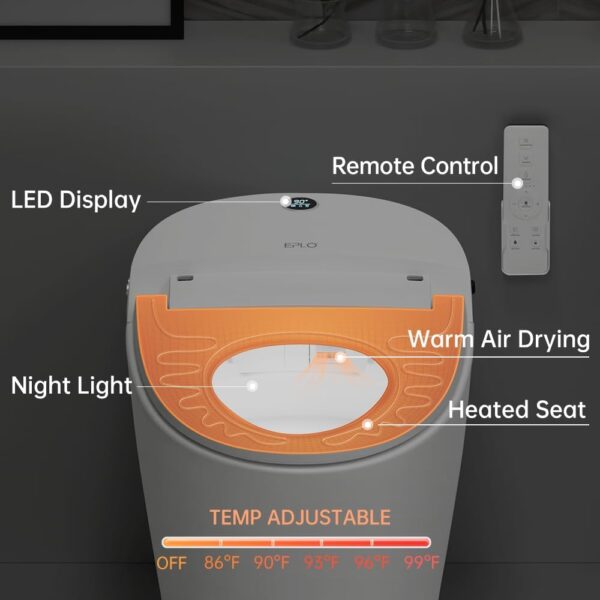 EPLO Smart Toilet,One Piece Bidet Toilet for Bathrooms,Modern Elongated Toilet with Warm Water,Dual Auto Flush,Foot Sensor Operation,Heated Bidet Seat,Electric Tankless Toilets with LED Display E16