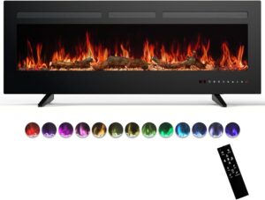 Sweetcrispy 50" Electric Fireplace Wall Mounted or Recessed Insert, 1500W/750W Freestanding Fireplaces Heater with Remote Control,13 Adjustable Flame Color, 12H Timer, Touch Screen