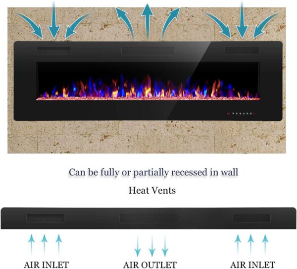 R.W.FLAME 60" Recessed and Wall Mounted Electric Fireplace, Low Noise, Fit for 2 x 6 Stud, Remote Control with Timer, Touch Screen, Adjustable Flame Color and Speed, 750-1500W