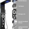RUMOSE Matte Black Shower Panel Tower System, 5-Function Shower Faucet Set LED Light Rainfall Shower Head Digital Display with Massage Jets Tub Spout Shower Shelves, Stainless Steel, Wall Mount