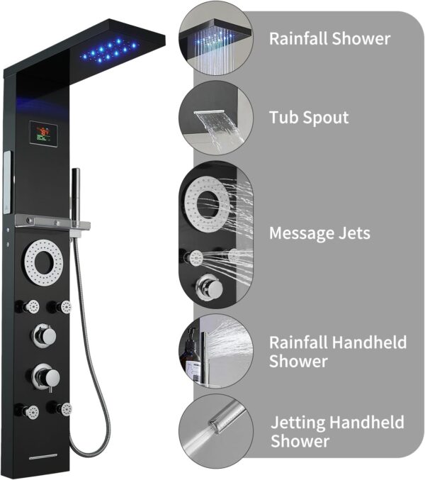 RUMOSE Matte Black Shower Panel Tower System, 5-Function Shower Faucet Set LED Light Rainfall Shower Head Digital Display with Massage Jets Tub Spout Shower Shelves, Stainless Steel, Wall Mount