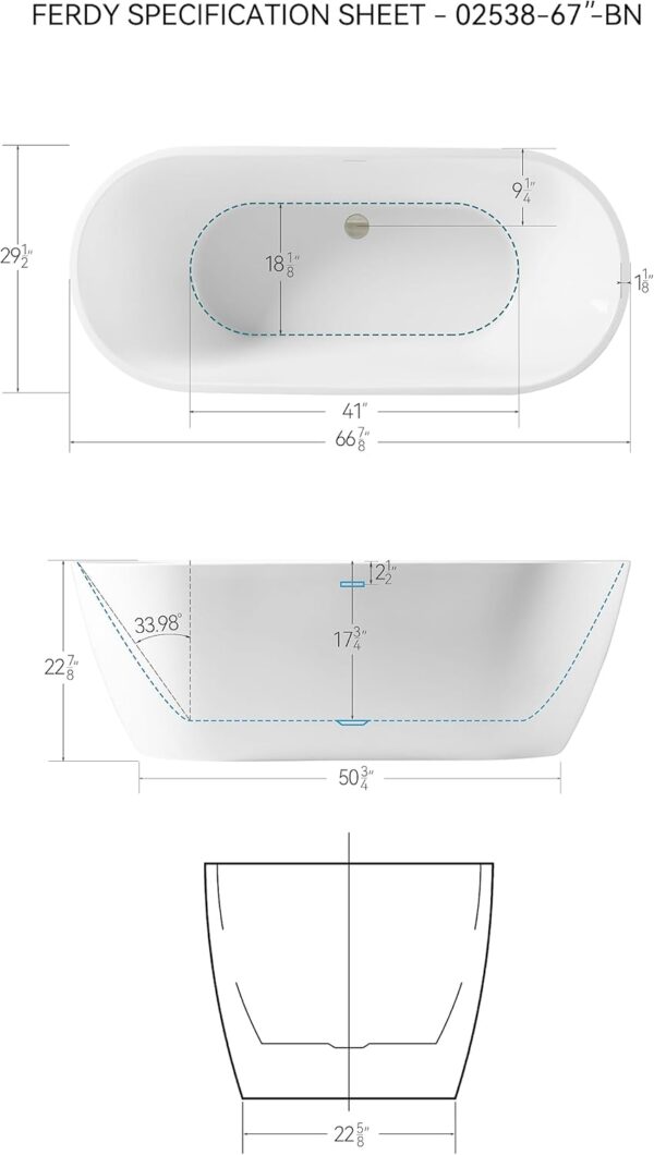 FerdY 67" Bali Acrylic Freestanding Bathtub, Gracefully Shaped Freestanding Soaking Bathtub, cUPC Certified, Toe-Tap Brushed Nickel Drain and Minimalist Linear Design Overflow Included