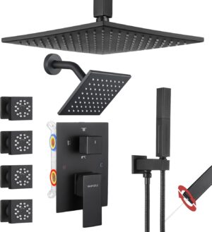 VANFOXLE Shower Faucet Set Matte Black Shower System,Four Modes Shower Faucet with 2 in 1 Handheld,Ceiling Mount 10 Inch Shower Head with 6 Inch Shower Head, 4 PCS Dual Modes Body Jets