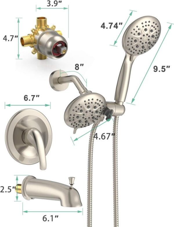 SR SUN RISE Shower System with Tub Spout Rain Shower Tub Set, High Pressure 35-Function Dual 2-in-1 Shower Combo Faucet with Valve, Patented 3-Way Water Diverter in Brushed Nickel (Valve Included)