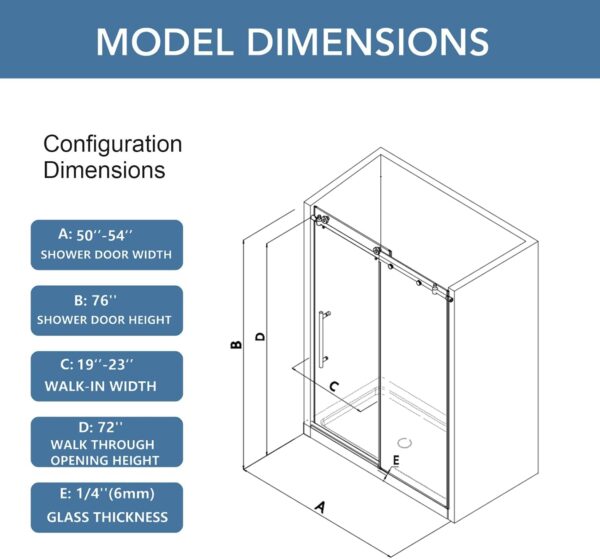 KPUY Frameless Shower Door, 50-54" W x 76" H Glass Shower Door, Sliding Shower Door with 1/4" (6mm) Tempered Glass, Stainless Steel Frame Shower Glass Door with Explosion-Proof Film in Matte Black