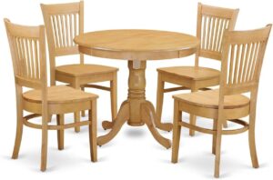 East West Furniture ANVA5-OAK-W 5 Piece Dining Set Includes a Round Dining Room Table with Pedestal and 4 Wood Seat Chairs, 36x36 Inch, Oak