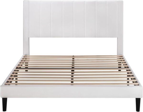 Allewie Full Platform Bed Frame/Velvet Upholstered Bed Frame with Vertical Channel Tufted Headboard/Strong Wooden Slats/Mattress Foundation/Box Spring Optional/Easy Assembly/White
