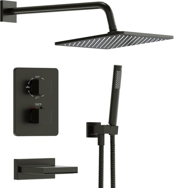 Esnbia Thermostatic Bathtub Faucet Set, All Metal Tub System with 3 Way Valve, 10 Inch Rain Shower Head with Handheld Spray Combo, Wall Mounted Shower Head Set, Matte Black