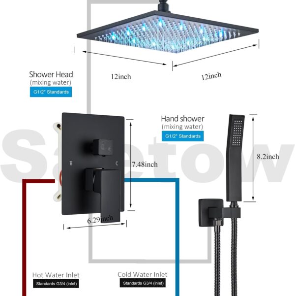 12 Inches Ceiling Mount Shower Faucets Sets Complete Shower System LED Rainfall Shower Head System Rough-in Valve Body and Trim Included Matte Black…