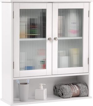 LITA Bathroom Wall Cabinet with Glass Doors, Medicine Cabinet with Adjustable Shelves, Space Saver Over Toilet Storage Cabinet for Bathroom, Living Room, Kitchen, White
