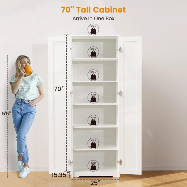 70" Tall Storage Pantry Cabinet, Bathroom Floor Organizer Storage Cabinet with 2 Doors and 6 Adjustable Shelves, Standing Utility Cabinet for Dining Room, Food Storage and Kitchen, White