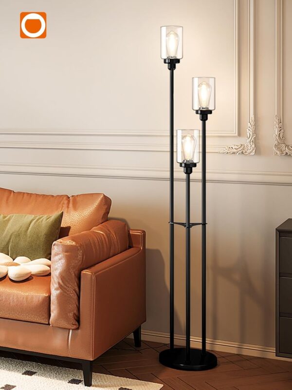 addlon Floor Lamps for Living Room with Clear Glass Shades, 3-Lights Standing lamp with Shelves, Farmhouse Tall Floor Lamp Modern lamp for Bedroom, Office - Black