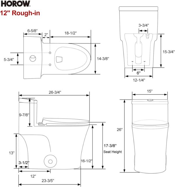 HOROW T0338W Compact One Piece Toilet with Comfort Chair Seat ADA Height 17.3", Elongated Dual Flush 0.8/1.28 GPF and MAP 1000g, Standard White Toilet Bowl