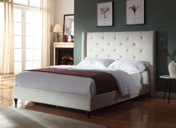 Home Life Premiere Classics Cloth Light Beige Cream Linen 51" Tall Headboard Platform Bed with Slats Full - Complete 5 Year Warranty Included-007