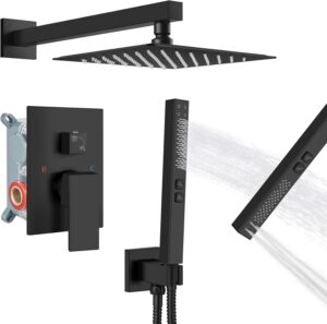 615d2X6baGL._AC_SL1500_.jpg Shower System Rain Shower Head and Handle Set Wall Mount Shower Faucet Set Fixture Combo 2 in 1 Handheld Spray Brass Rough-in Valve with 8 Inch Showerhead Matte Black