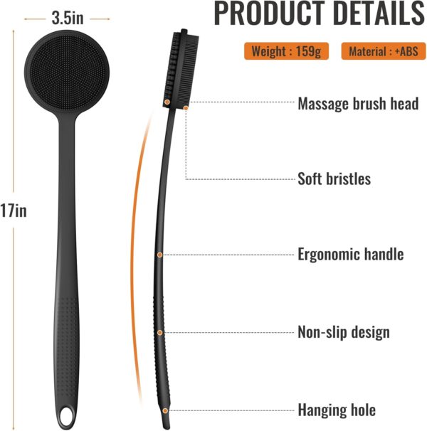 VWMYQ Silicone Back Scrubber for Shower, 17in Lengthen Long Handle Body Brush, Double Sided Shower Brush for Shower Exfoliating and Massage Can Produce Rich Foam, Long Handle Back Scrubber for Men