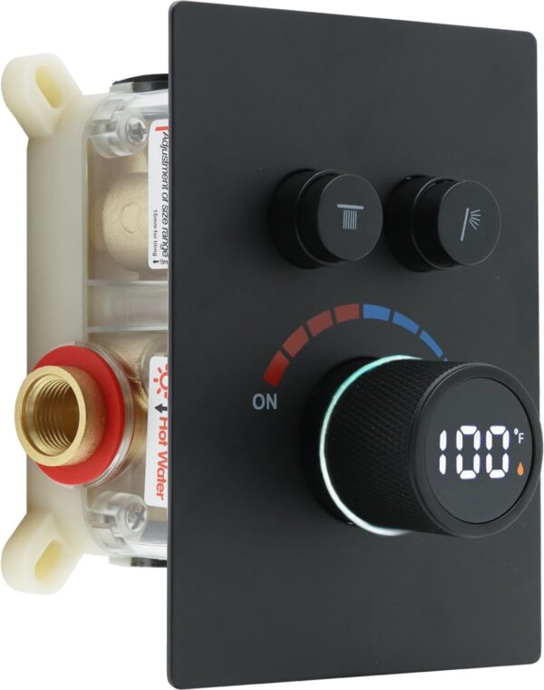 Solid Brass Shower Mixer Valve, Concealed 2 Way Outlet LED Digital Display Diverter Valve, Can Use All Options at A Time Black